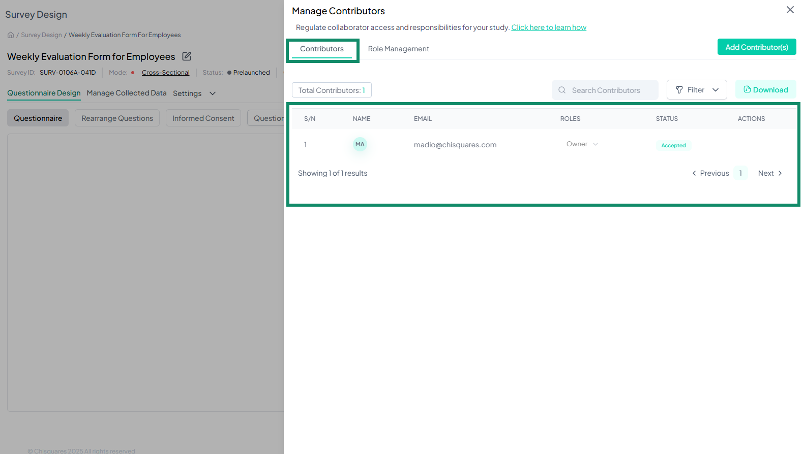 Contributor table with columns highlighted