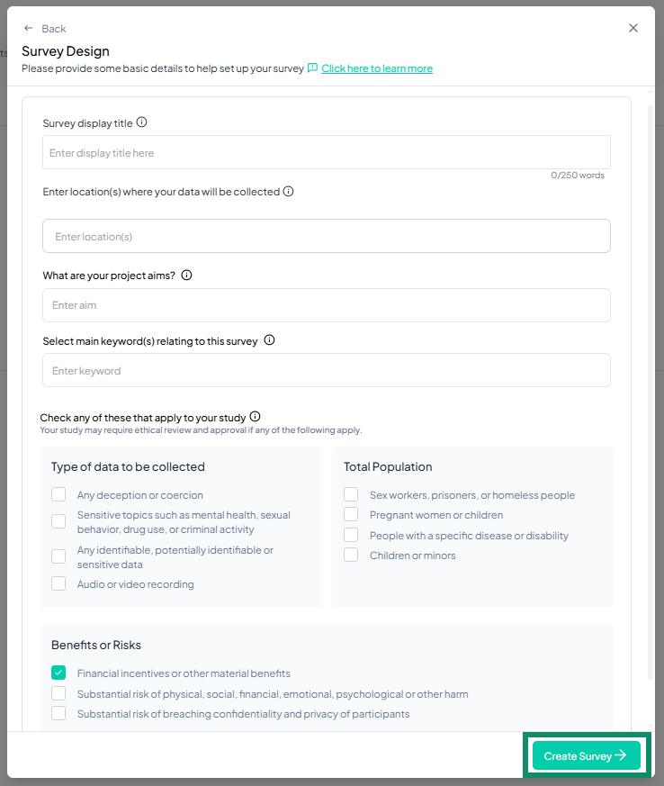 Standard Survey details form