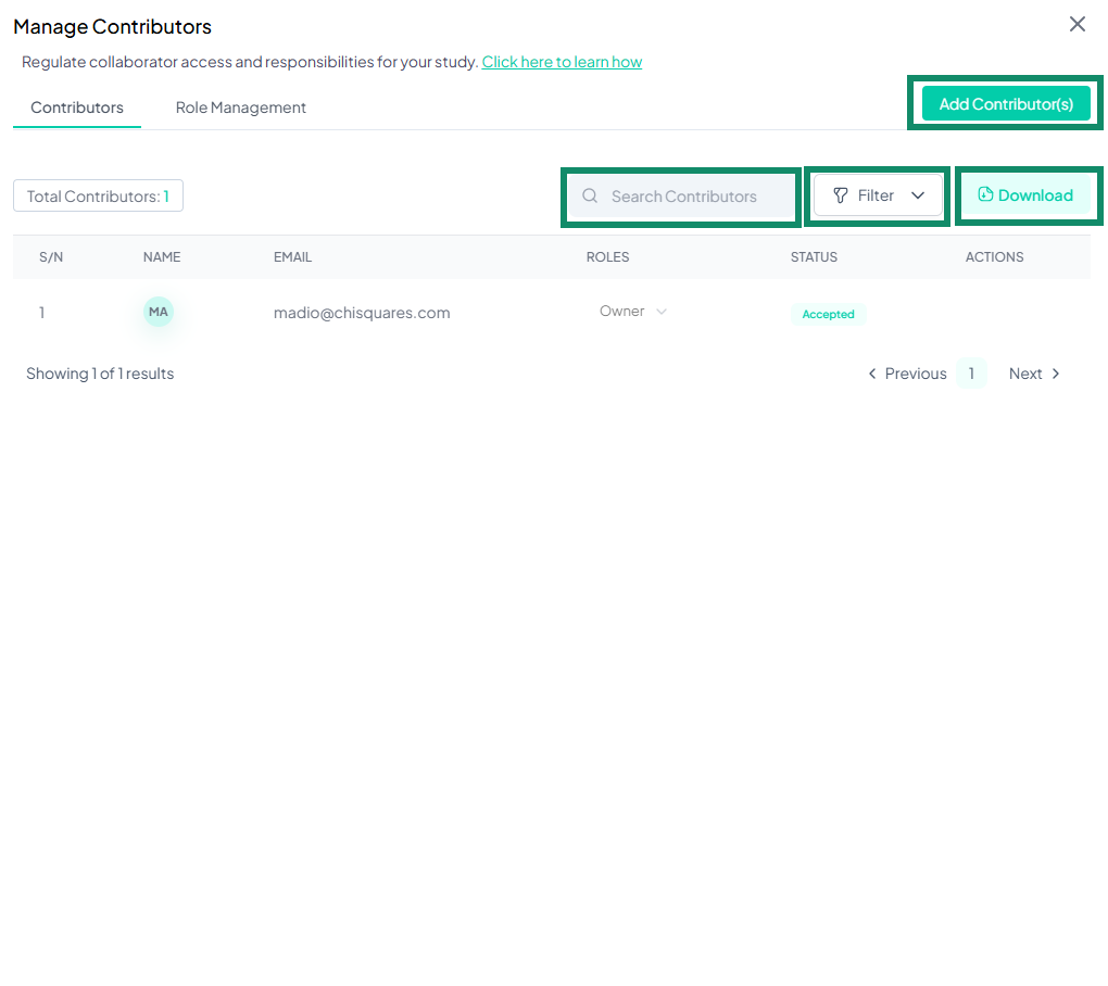 Search bar, Filter options dropdown and Download button interface