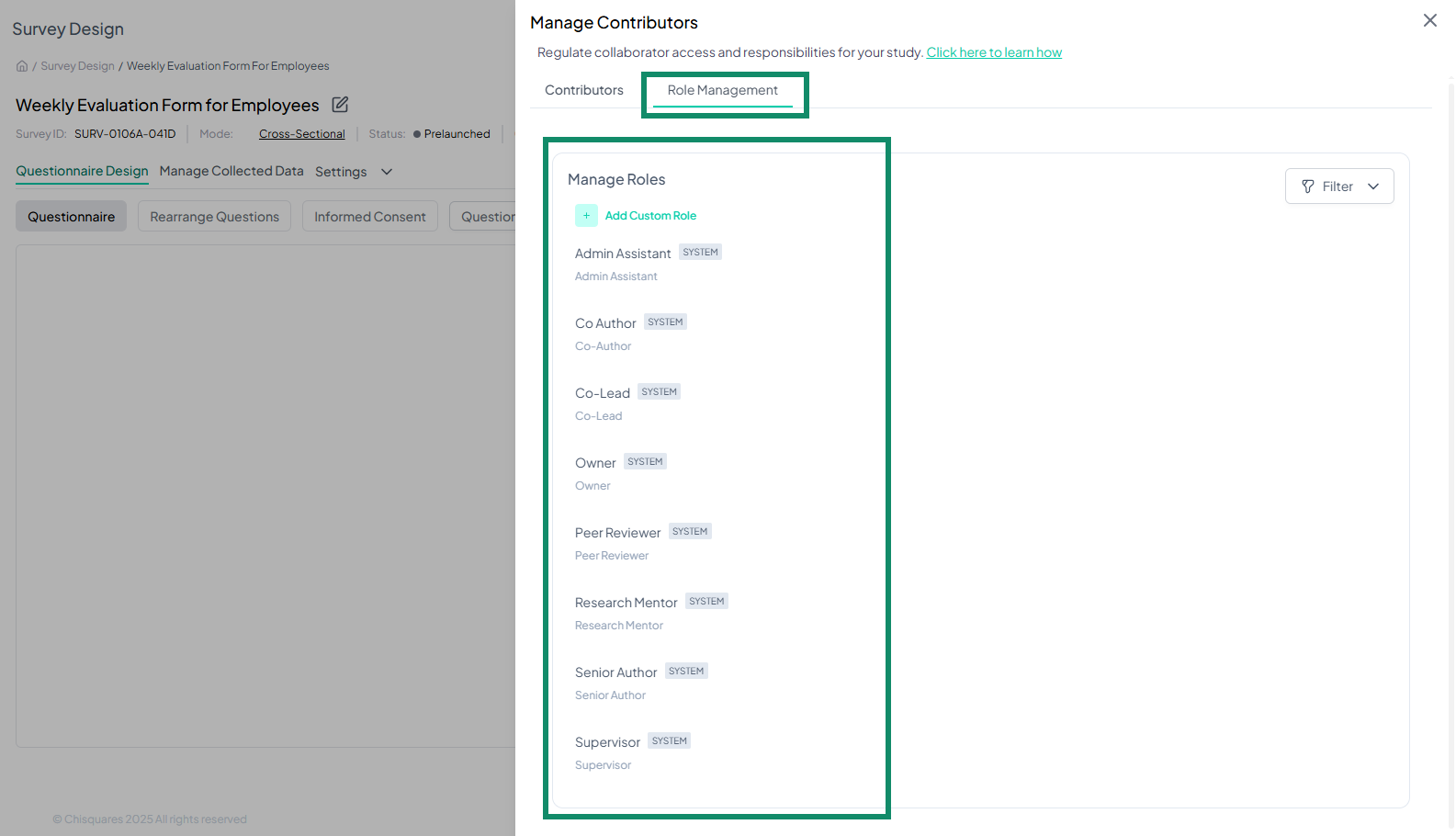 Role list with permissions option
