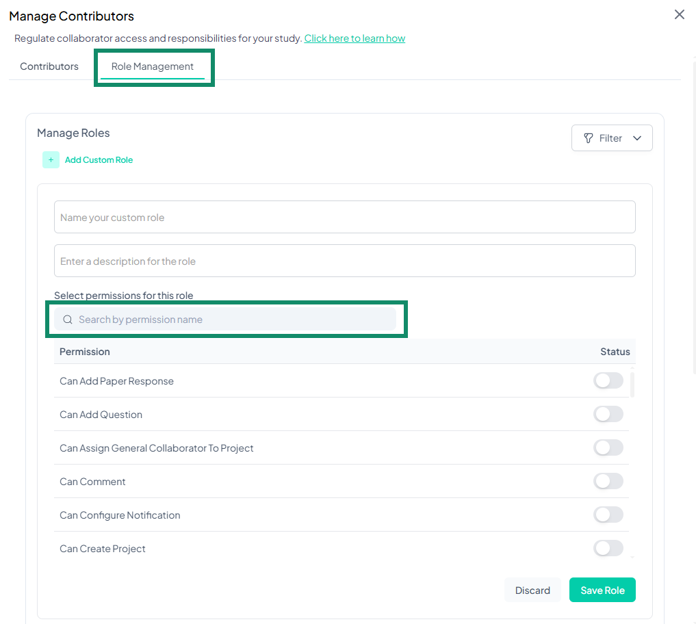 Custom role setup interface with permission search bar highlighted