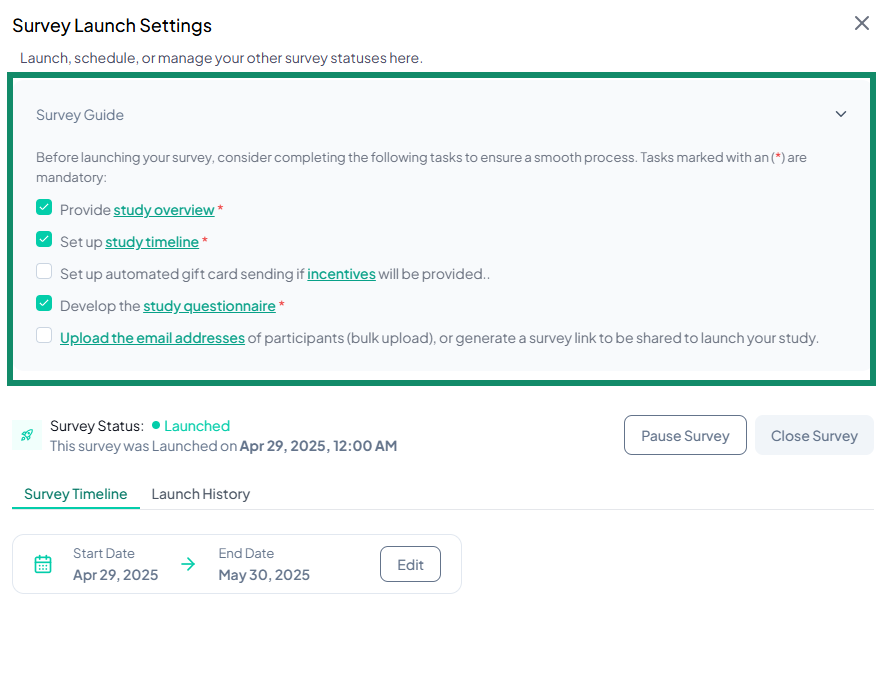 Survey Launch Settings