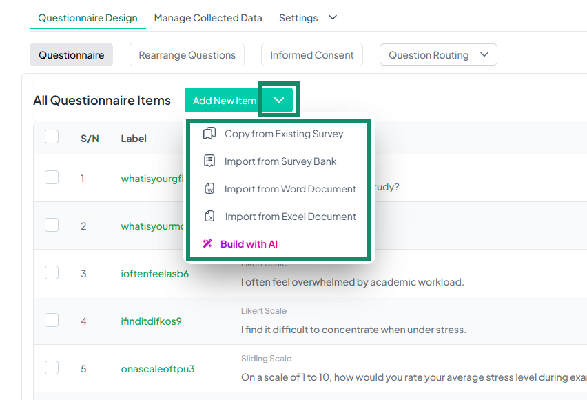 Dropdown Menu Displaying Bulk Import Options