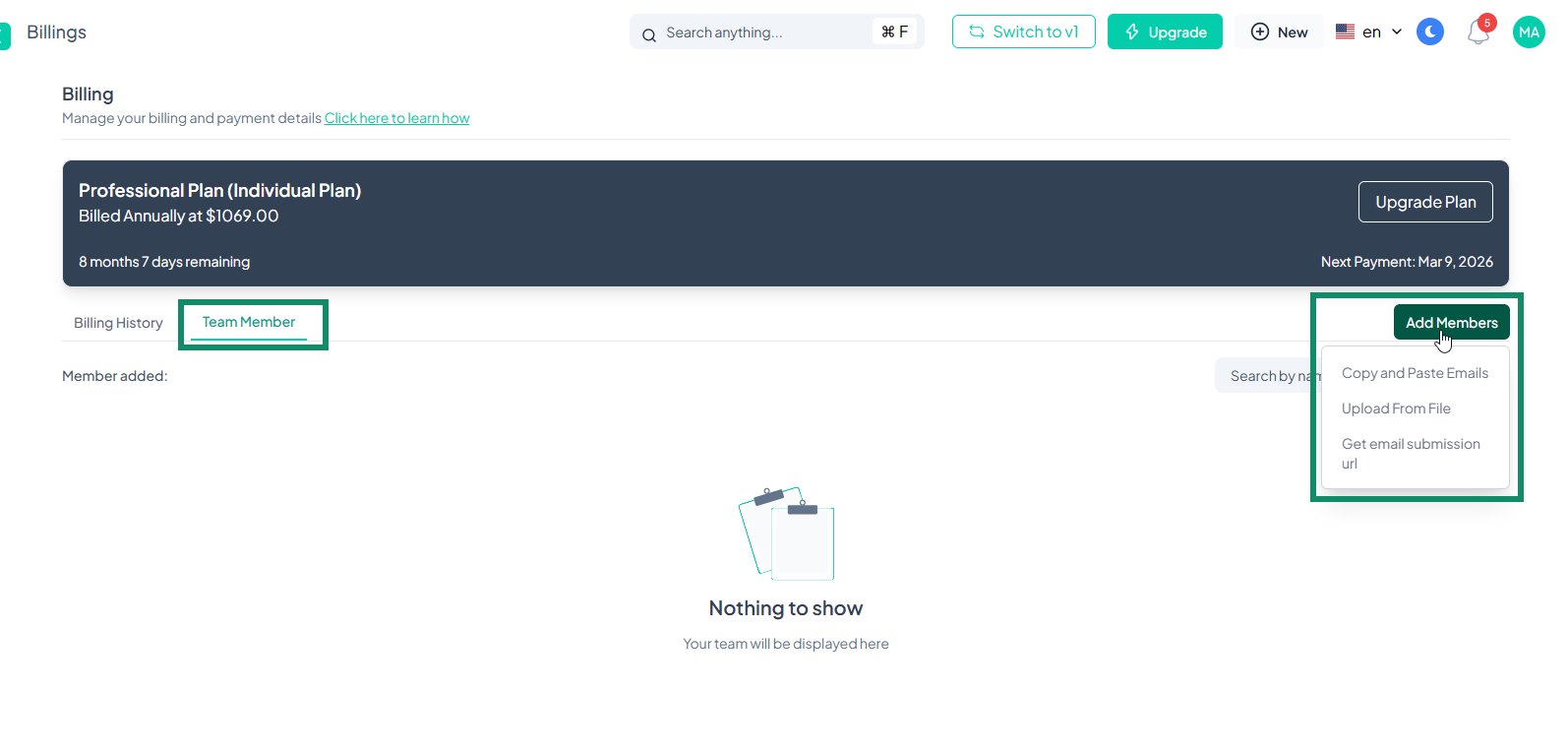 Add team members to billing