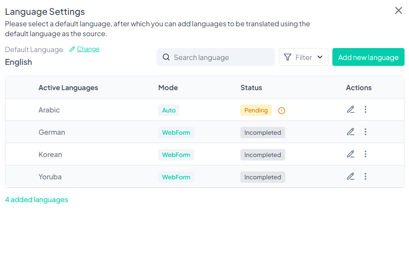 Language Settings Panel